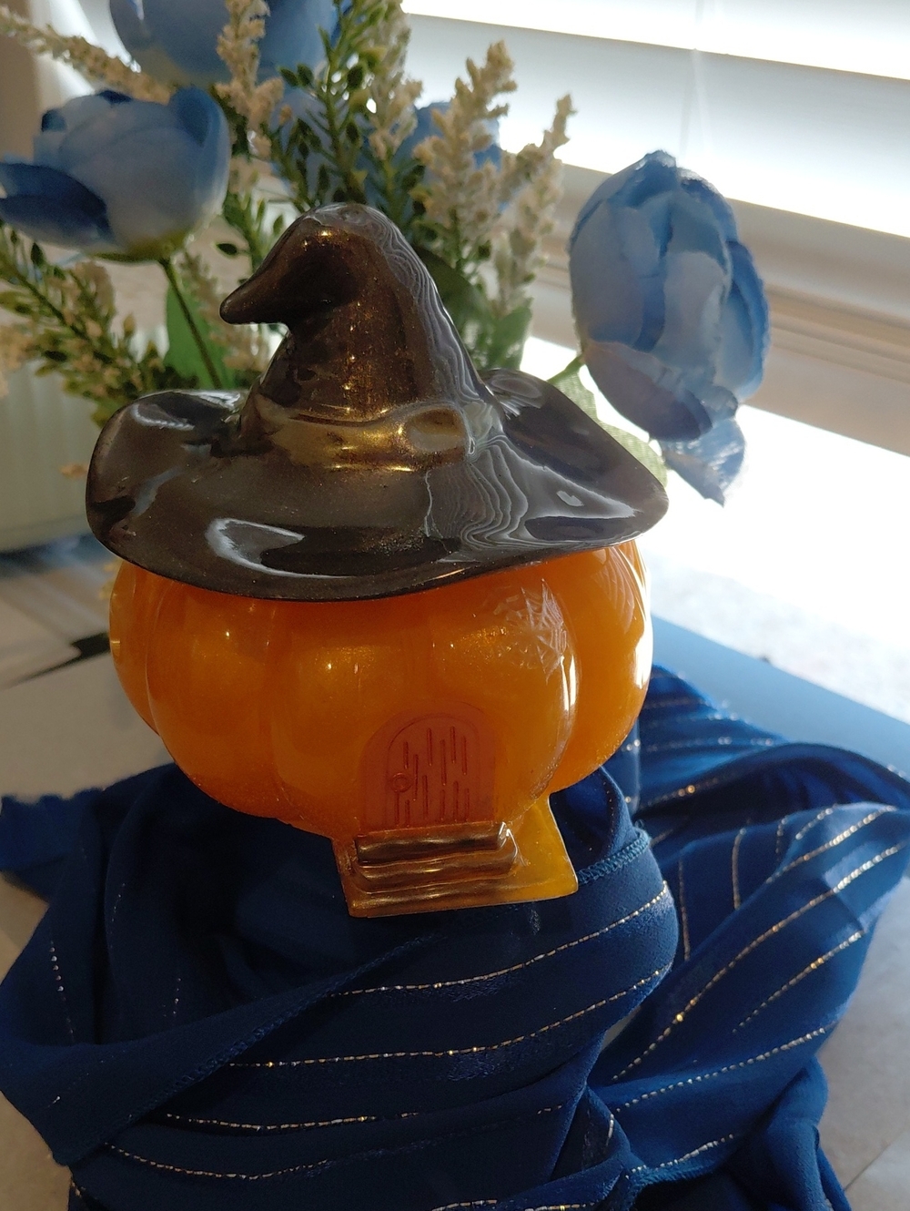 Handcrafted Halloween Pumpkin Jar with Witch Hat Lid - Orange & Black